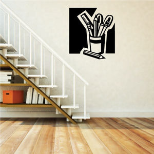 Pen cup wall decal with black-and-white stationery illustration
