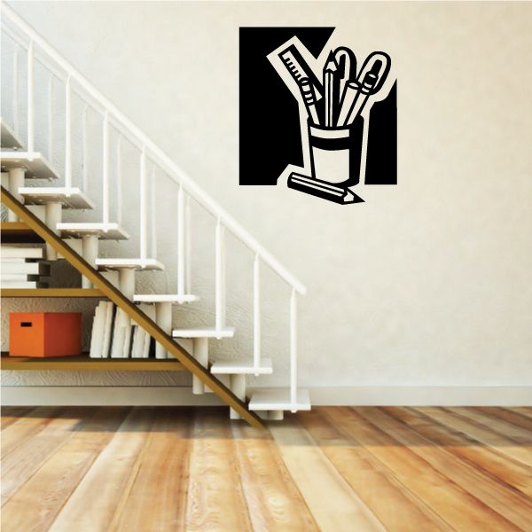 Pen cup wall decal with black-and-white stationery illustration