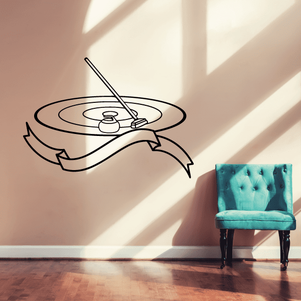 Curling stone and broom ribbon style wall decal in black line art