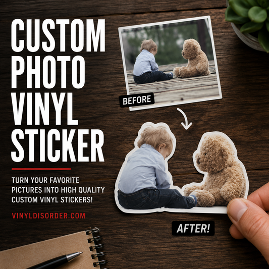 Custom photo vinyl sticker sheet with framed pet photo, before/after images, held by hand