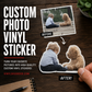 Custom photo vinyl sticker sheet with framed pet photo, before/after images, held by hand