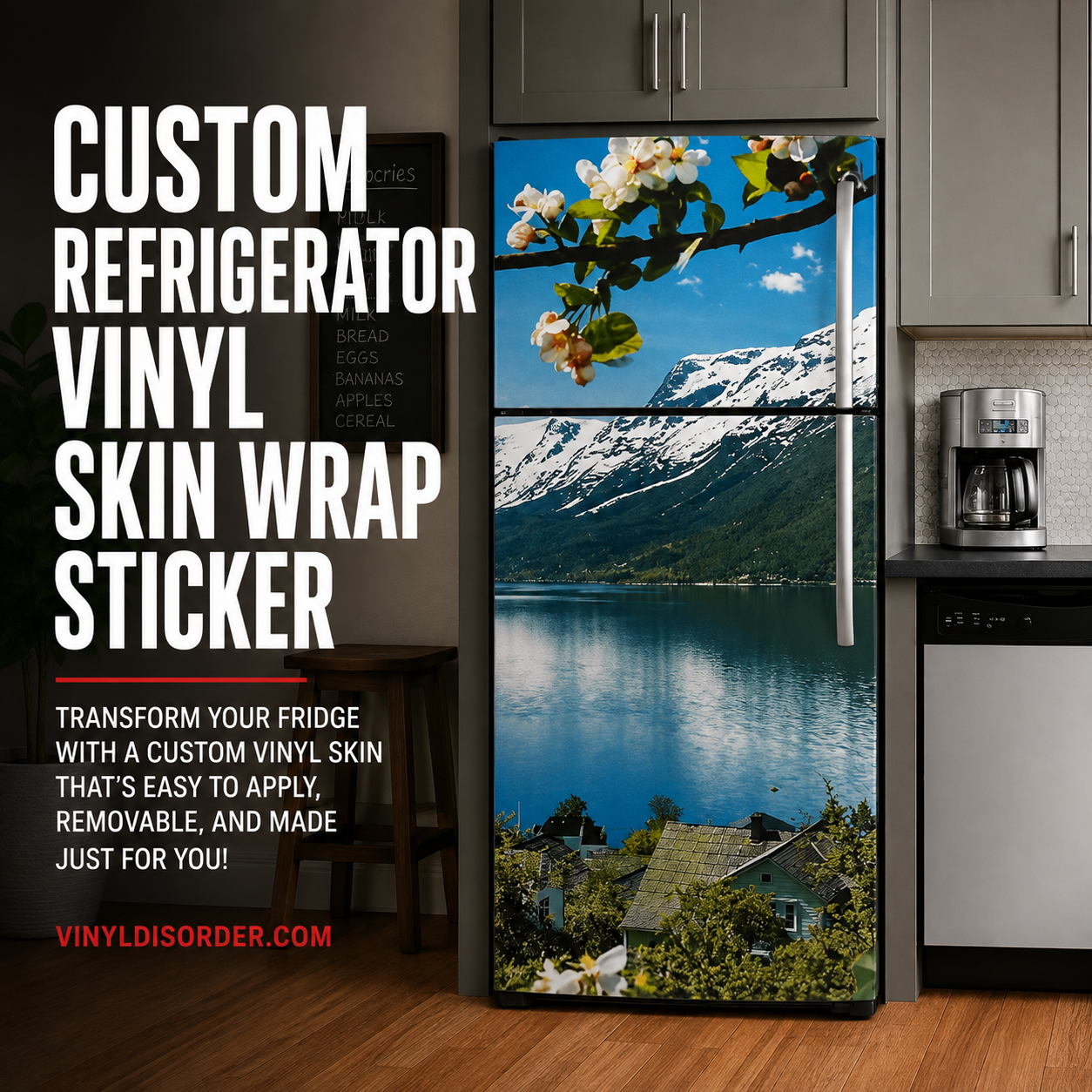 Refrigerator vinyl skin wrap sticker with mountain lake landscape and blue sky design