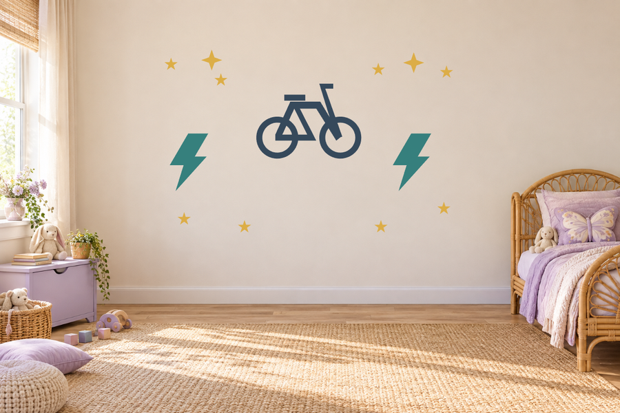 Bike-themed wall decal kit with bicycle, lightning bolts, and star accents