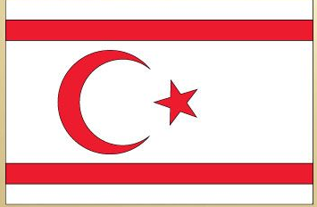 Cyprus North flag sticker: white rectangle with red crescent and star, red stripes.