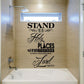 Wall decal lettering: “Stand ye in Holy Places” with cross accents and “D&C 87:8”