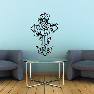 Rose cross wall decal with outline flowers, black