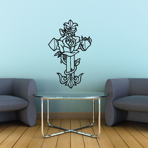 Rose cross wall decal with outline flowers, black