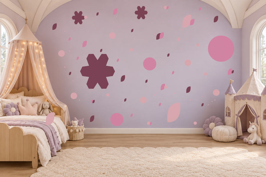 Pink geometric wall decals with flower bursts, circles, and confetti dots