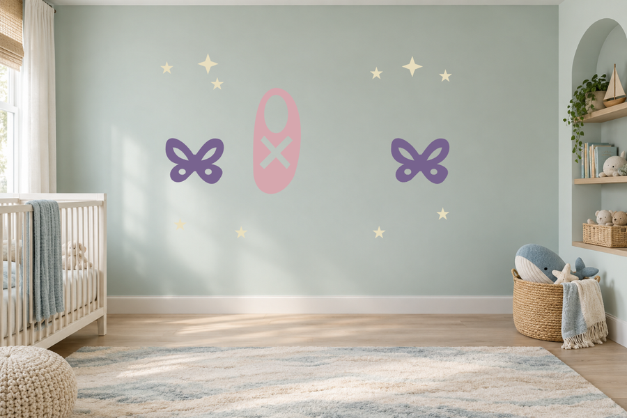 Kids wall decal set with bows, stars, and a pink ribbon motif