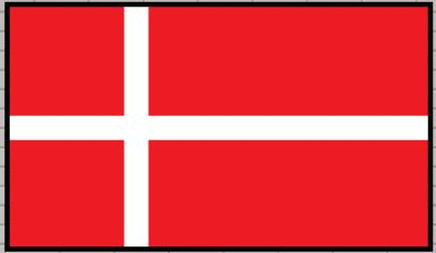 Denmark flag sticker with red background, white Nordic cross, and black border