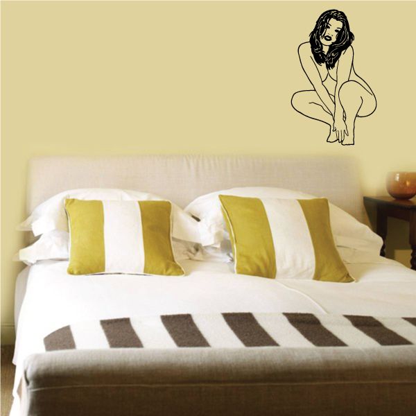 Crouched nude woman wall decal, dark hair, line-drawn pose