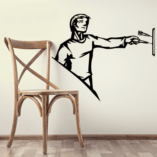 Black darts player wall decal, aiming dart with extended arm.