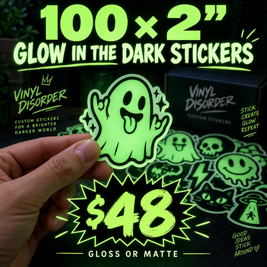 Neon green glow-in-the-dark ghost sticker with $48 burst and small icons
