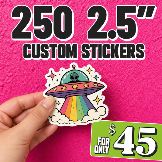 2.5 in custom vinyl sticker with colorful alien UFO illustration, held by hand