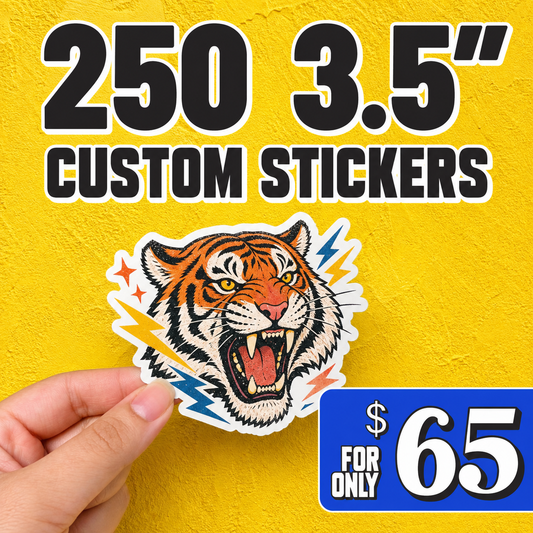 Custom vinyl sticker with roaring tiger head graphic and blue $65 badge