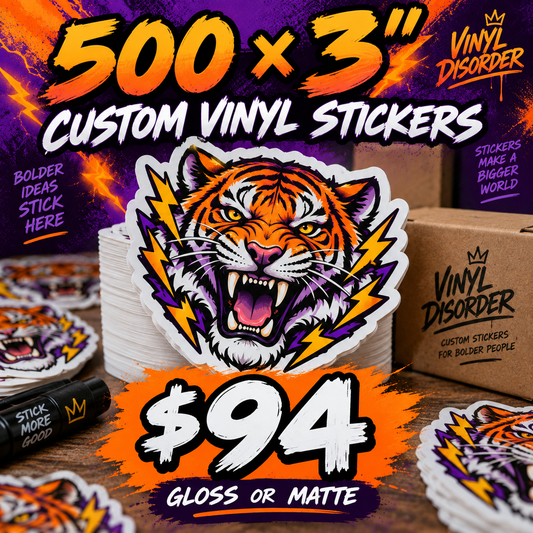 3-inch custom vinyl sticker set with roaring tiger graphic, bold 500 and border