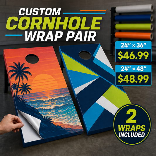 Pair of custom cornhole wraps with sunset palm design and blue geometric pattern, 2 included