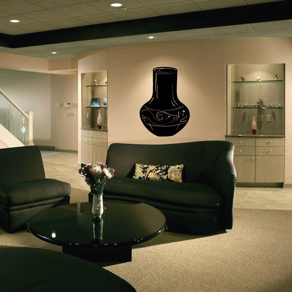 Black decorated clay pot wall decal with line pattern and curved neck
