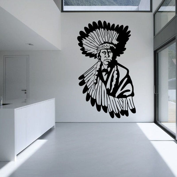 Decorated Native American wall decal with black-and-white feather headdress figure