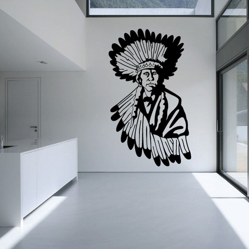 Decorated Native American wall decal with black-and-white feather headdress figure