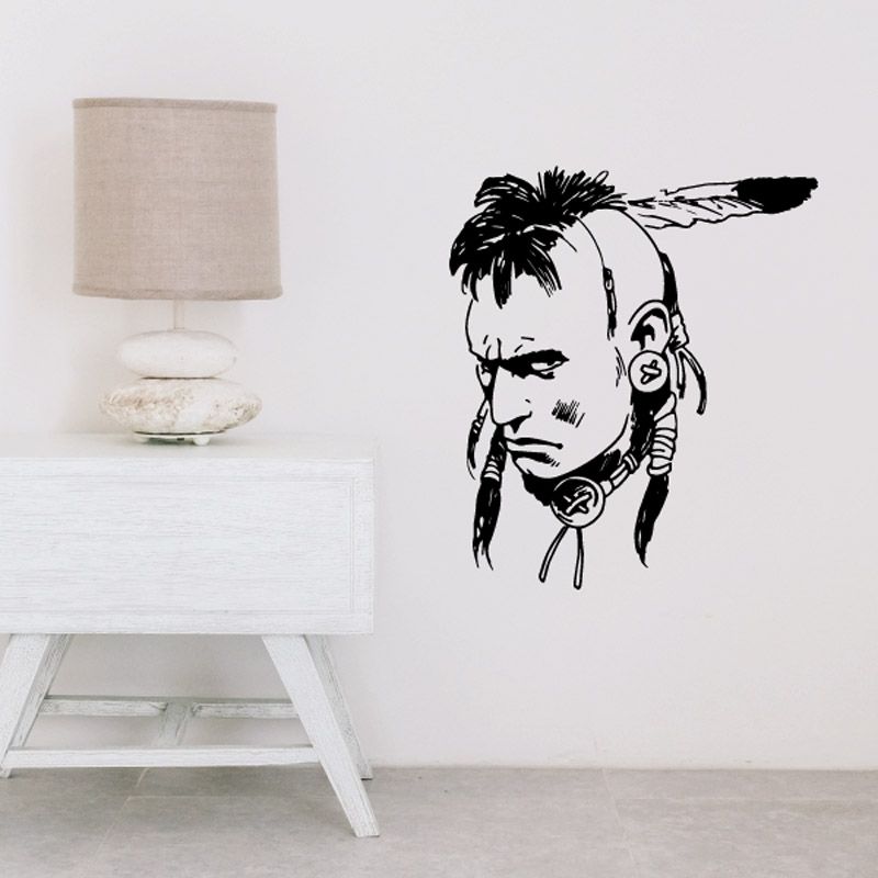 Native American warrior portrait decal in black-and-white with headdress
