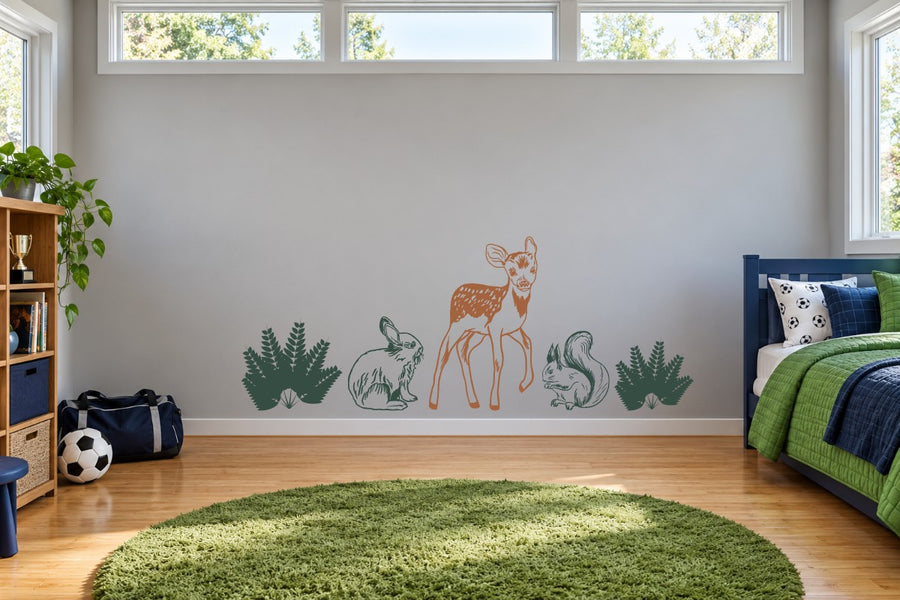 Woodland animal wall decal kit with deer, squirrel, and fern outlines