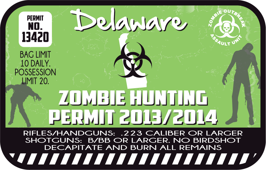 Zombie hunting permit sticker with Delaware text and green biohazard symbol