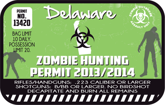 Zombie hunting permit sticker with Delaware text and green biohazard symbol