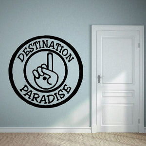 Round wall decal with “Destination Paradise” text and hand graphic in black