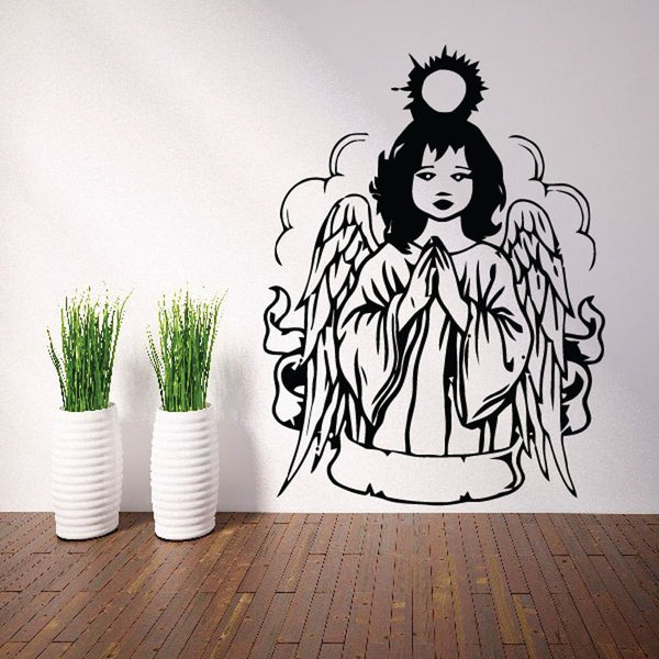 Praying angel girl wall decal with black wings and halo outline