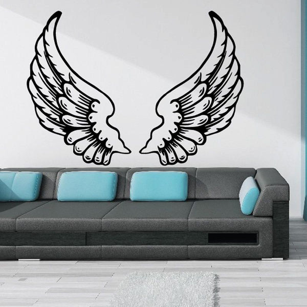 Angel wings wall decal with detailed black feather design