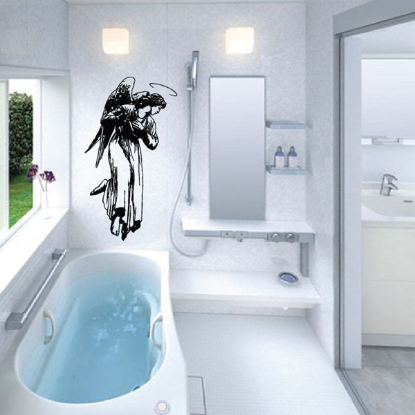 Black angel with halo decal on wall, detailed wings and face