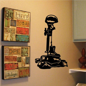 Black battlefield cross wall decal with soldier holding rifle silhouette