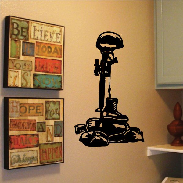 Black battlefield cross wall decal with soldier holding rifle silhouette