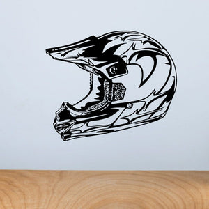 Dirt bike helmet decal with black and white side-profile helmet graphic
