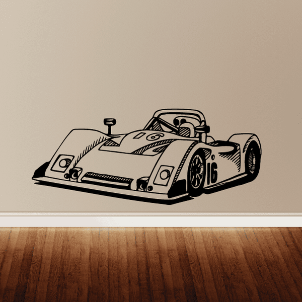 Car decal featuring a detailed race car graphic in black and white