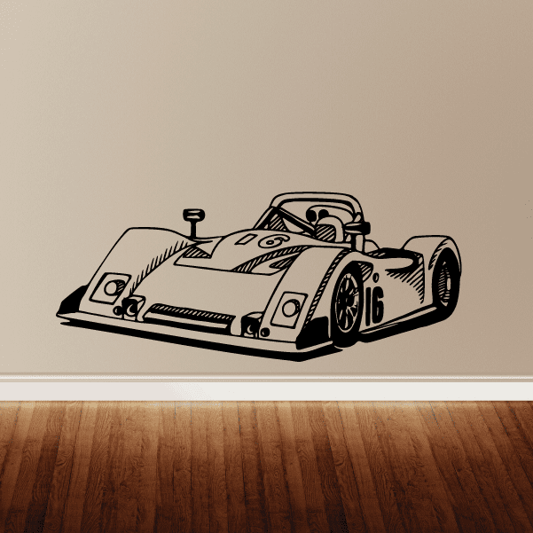 Car decal featuring a detailed race car graphic in black and white