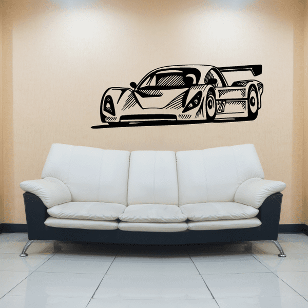 Detailed race car wall decal with black outline and number design