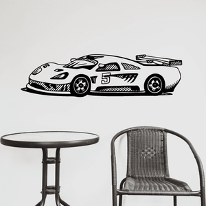 Side-view race car decal with number 5, black and white line art