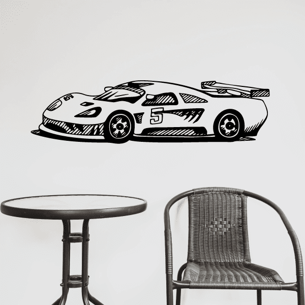 Side-view race car decal with number 5, black and white line art