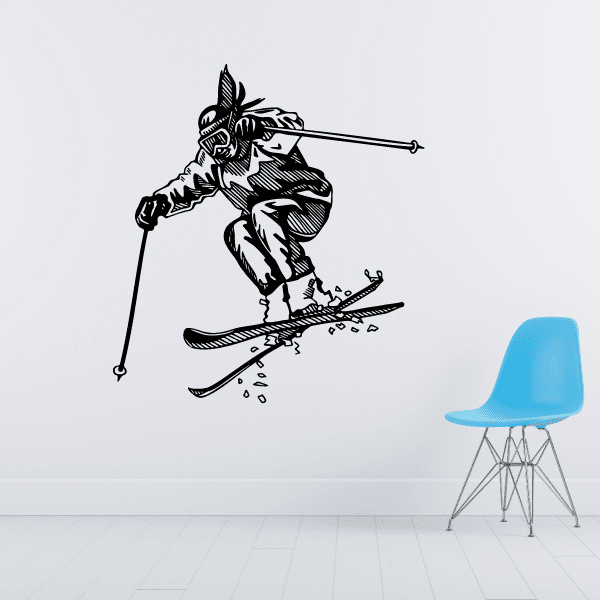 Detailed black female skier decal sticker with skiing pose and helmet