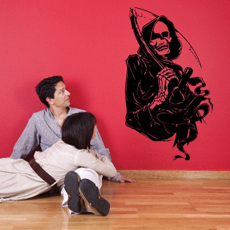Black grim reaper with scythe wall decal, hooded skeletal figure kneeling.
