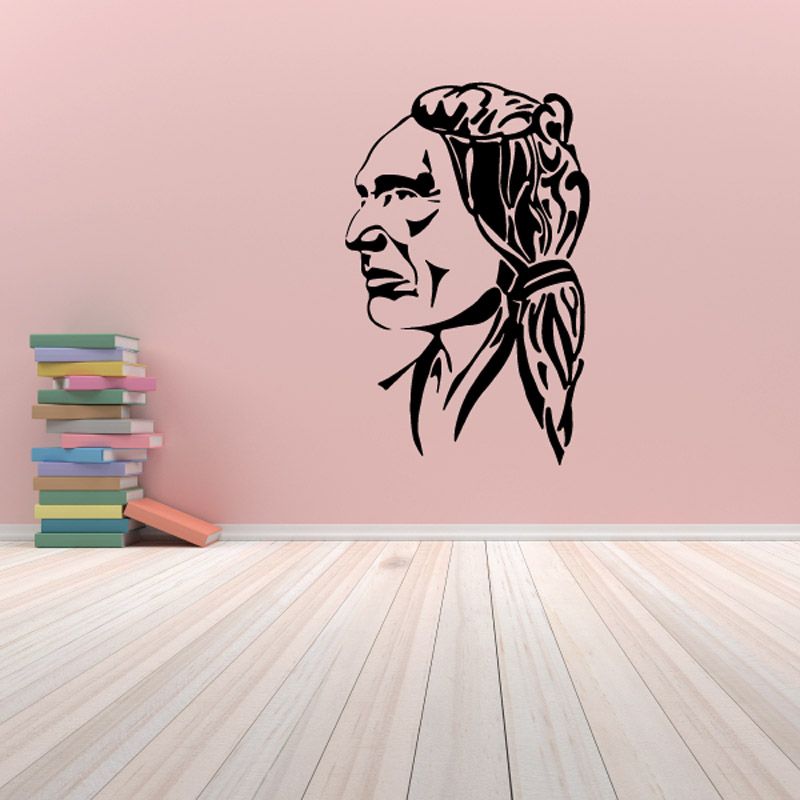 Native American long-hair profile decal in black line art