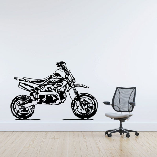 Motorcycle line art decal sticker, black sketch style with detailed bike outline