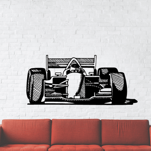 Open wheel race car decal, black graphic with detailed front and wheels