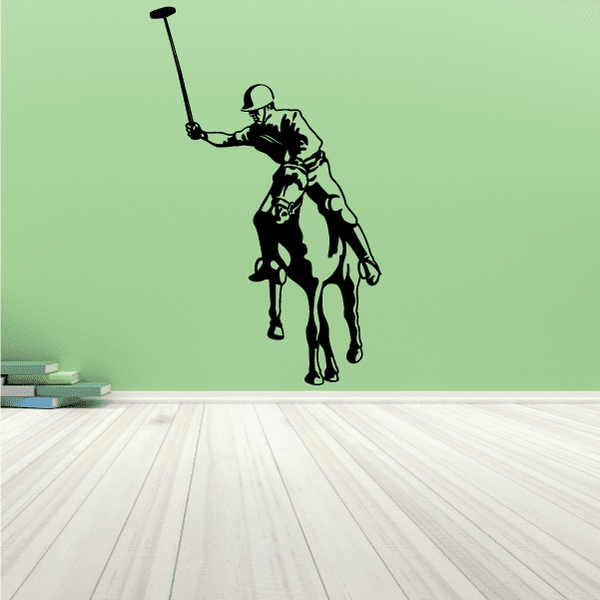 Black polo rider wall decal holding a mallet and ball