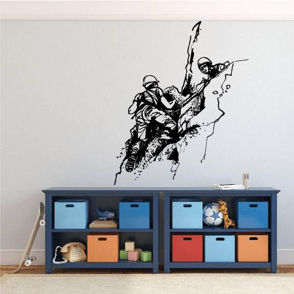 Rock climbing decal with two climbers in black outline style