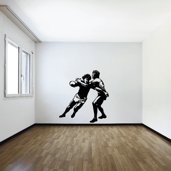 Rugby player wall decal, black silhouette of two players in action