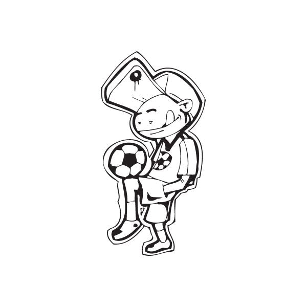 Soccer wall decal of cartoon player holding soccer ball, black-and-white vinyl outline