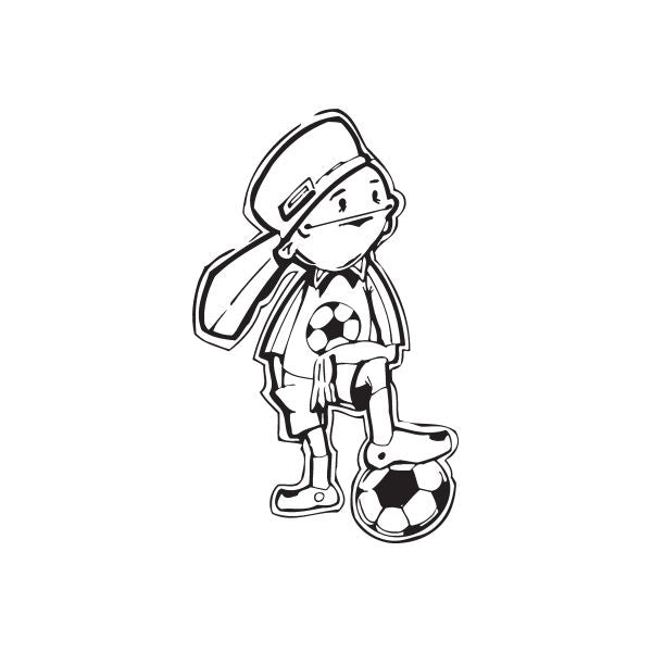 Soccer player vinyl wall decal, black outline boy holding a soccer ball
